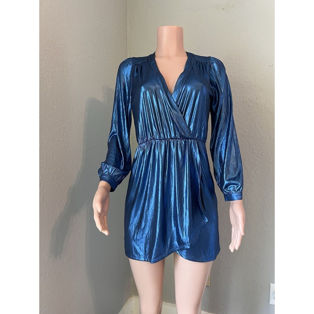 Honey Punch That's a Wrap Dress Womens Small METALLIC Blue Print Mini NWT #193